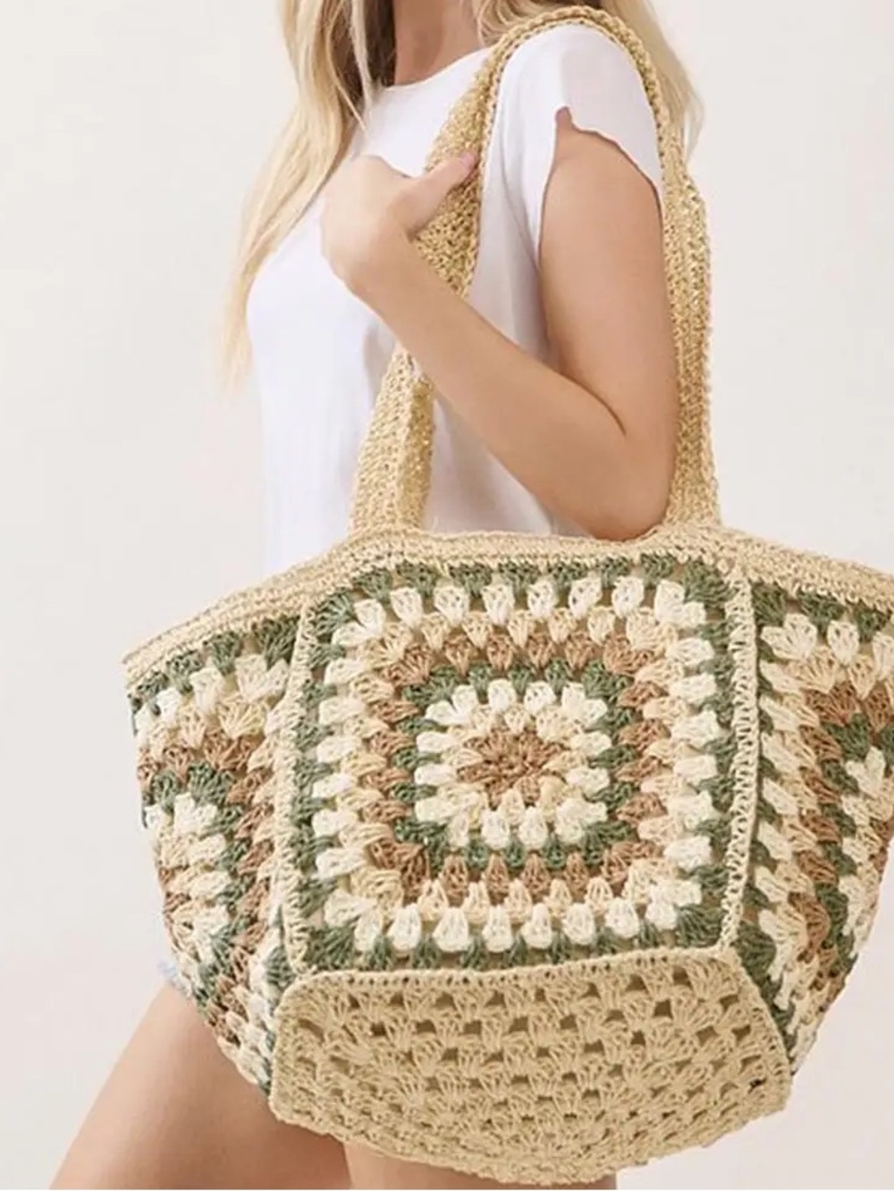 Styline Vintage Boho Crochet Granny Square Hobo Bag - Beige & Green NWT